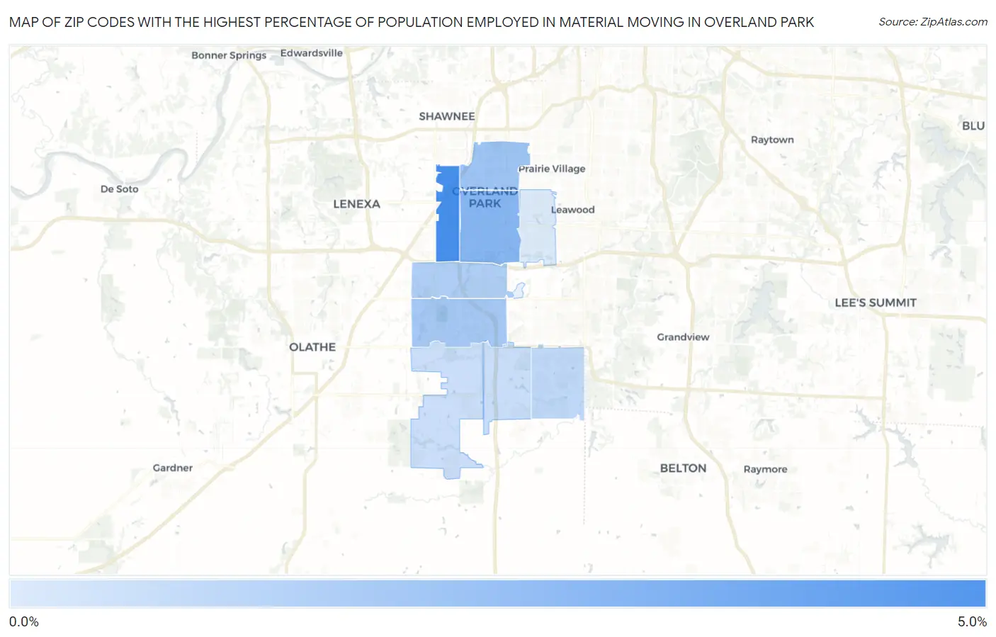Zip Codes with the Highest Percentage of Population Employed in Material Moving in Overland Park Map