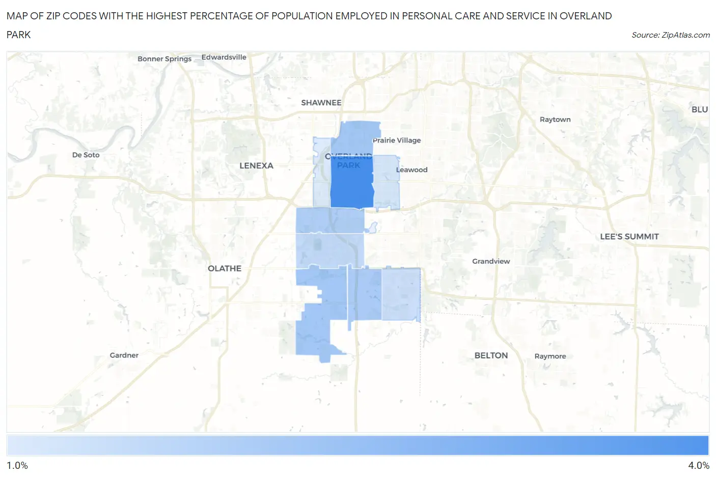 Zip Codes with the Highest Percentage of Population Employed in Personal Care and Service in Overland Park Map