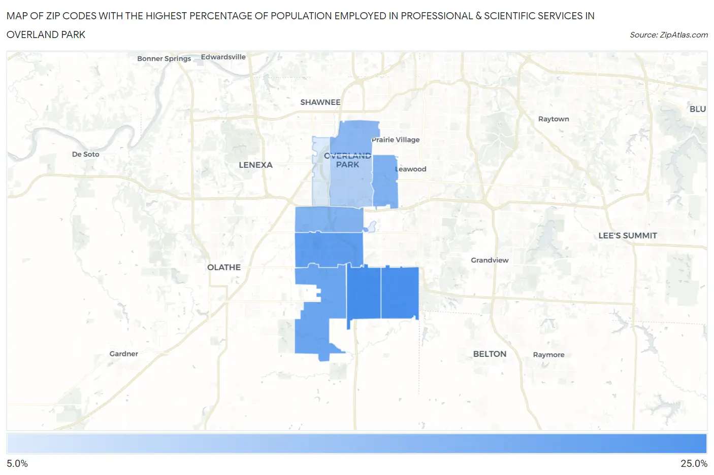 Zip Codes with the Highest Percentage of Population Employed in Professional & Scientific Services in Overland Park Map