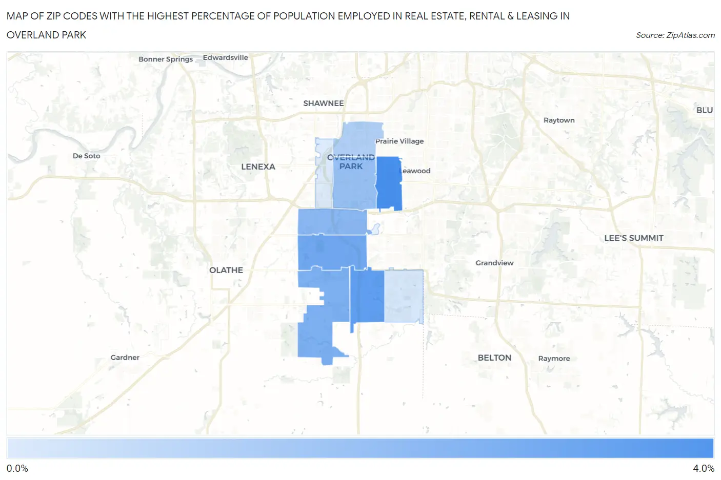 Zip Codes with the Highest Percentage of Population Employed in Real Estate, Rental & Leasing in Overland Park Map