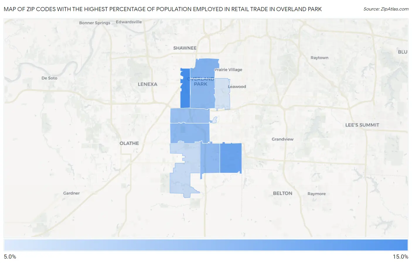 Zip Codes with the Highest Percentage of Population Employed in Retail Trade in Overland Park Map