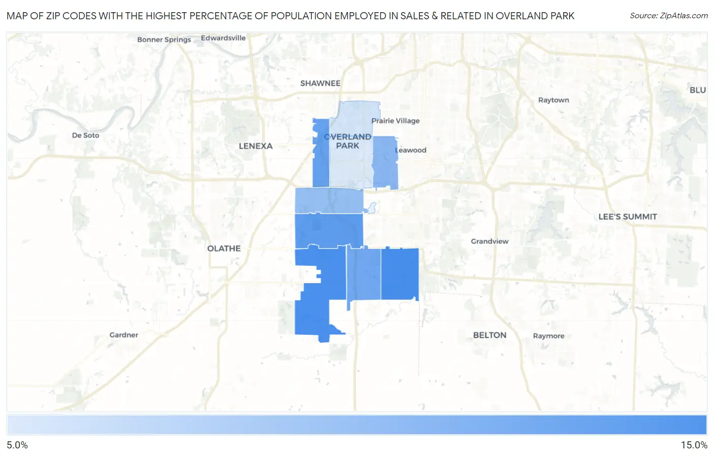 Zip Codes with the Highest Percentage of Population Employed in Sales & Related in Overland Park Map