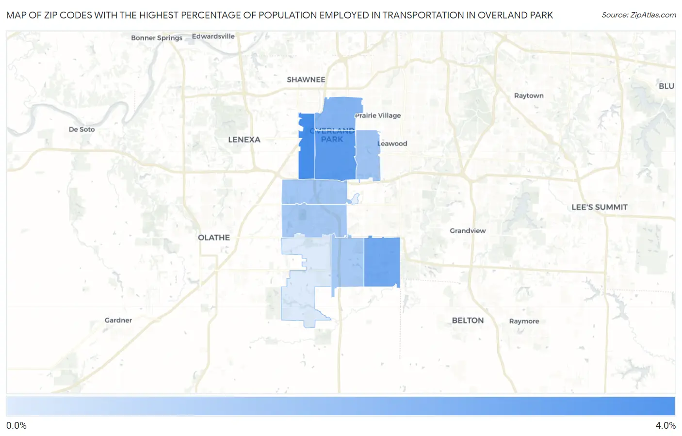Zip Codes with the Highest Percentage of Population Employed in Transportation in Overland Park Map