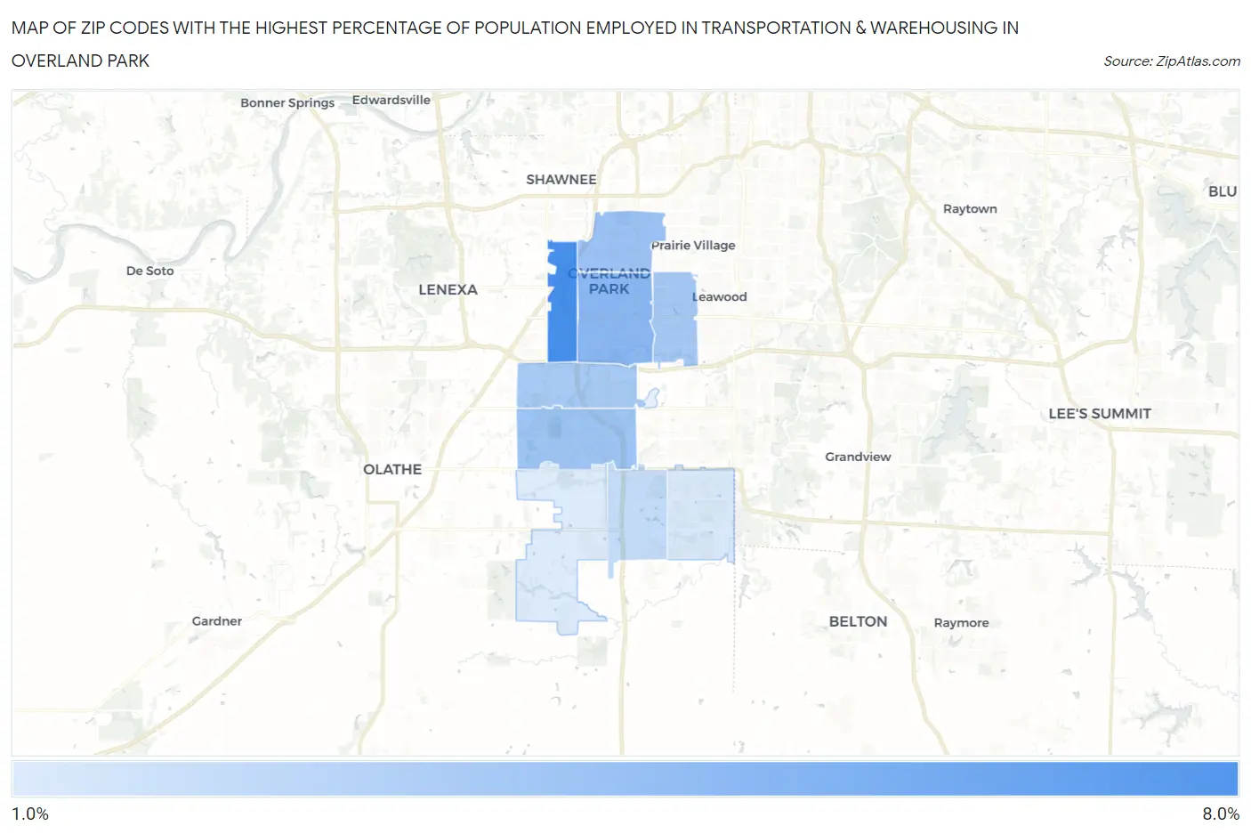 Zip Codes with the Highest Percentage of Population Employed in Transportation & Warehousing in Overland Park Map