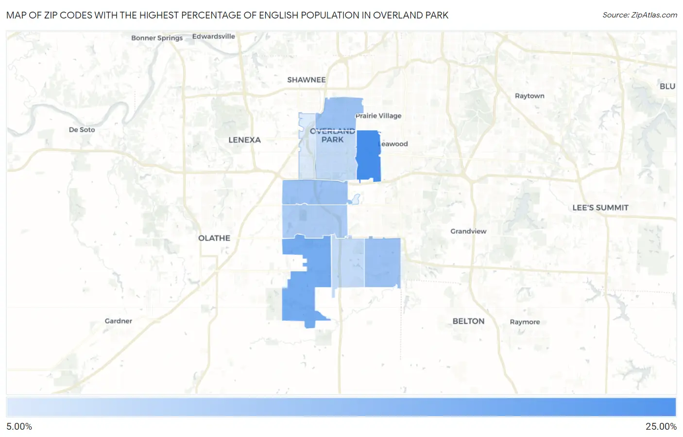 Zip Codes with the Highest Percentage of English Population in Overland Park Map