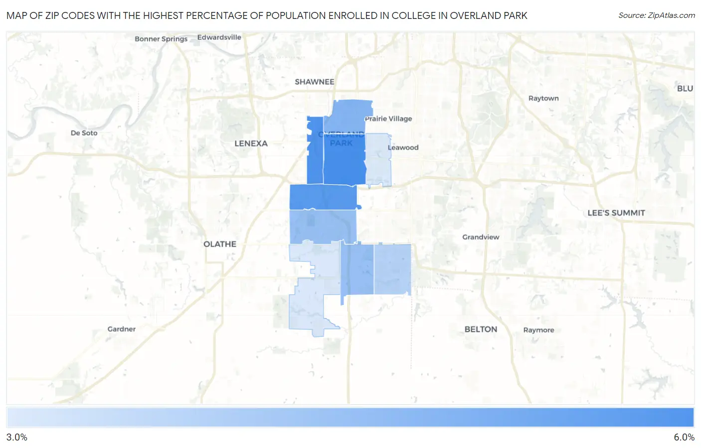 Zip Codes with the Highest Percentage of Population Enrolled in College in Overland Park Map