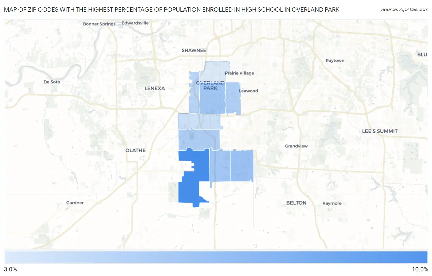 Zip Codes with the Highest Percentage of Population Enrolled in High School in Overland Park Map