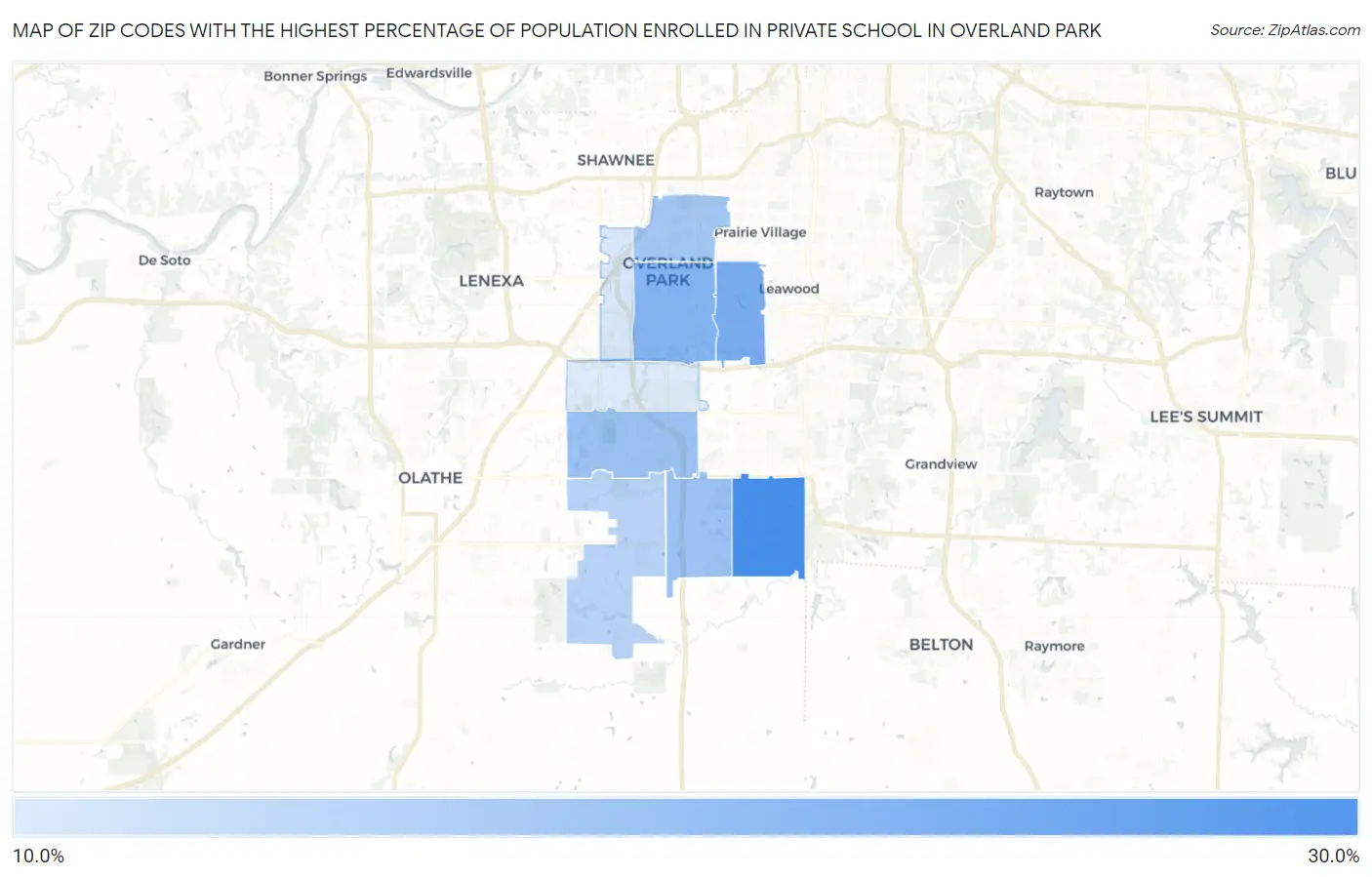 Zip Codes with the Highest Percentage of Population Enrolled in Private School in Overland Park Map