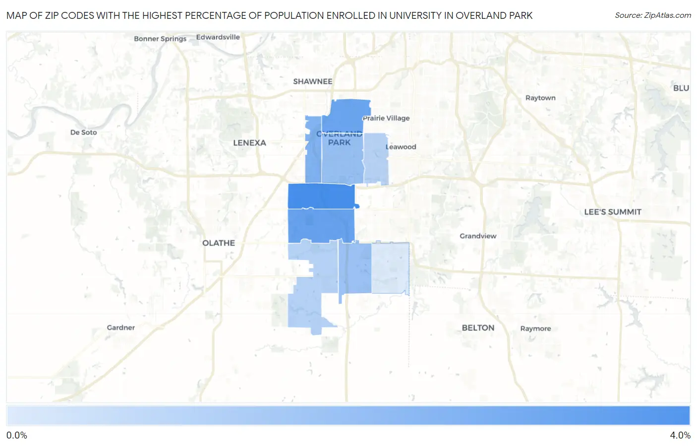 Zip Codes with the Highest Percentage of Population Enrolled in University in Overland Park Map
