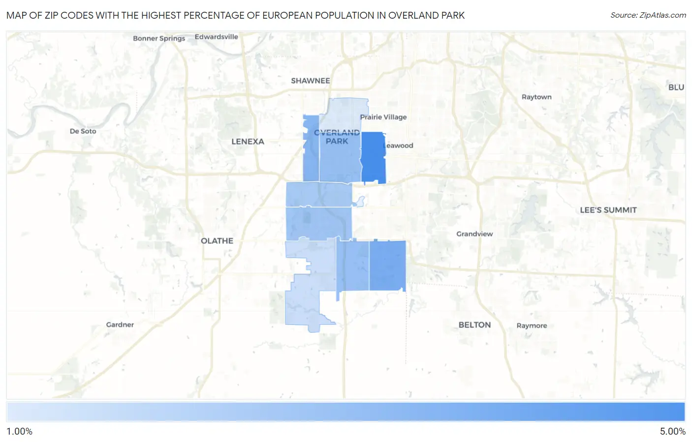 Zip Codes with the Highest Percentage of European Population in Overland Park Map