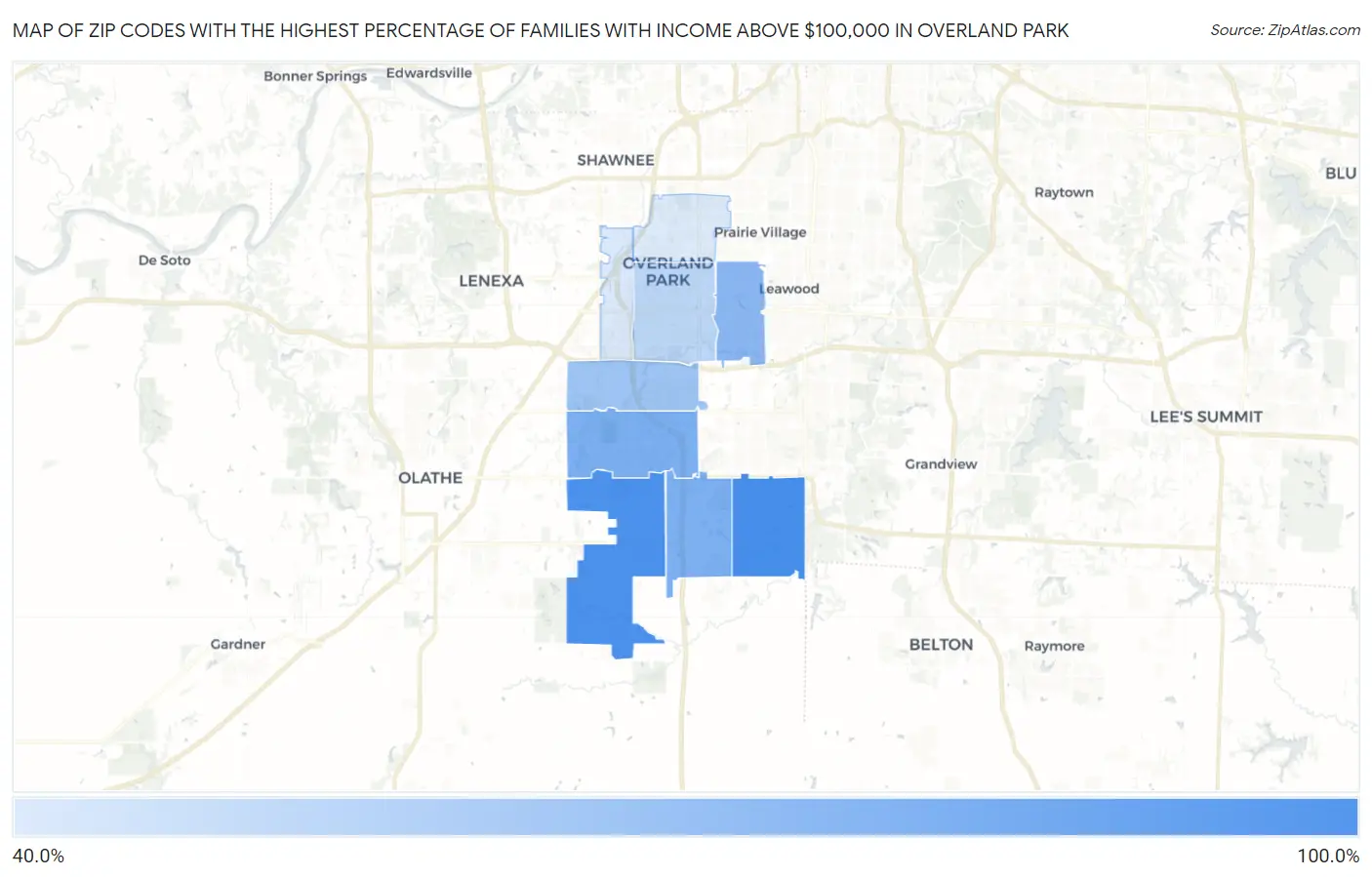Zip Codes with the Highest Percentage of Families with Income Above $100,000 in Overland Park Map