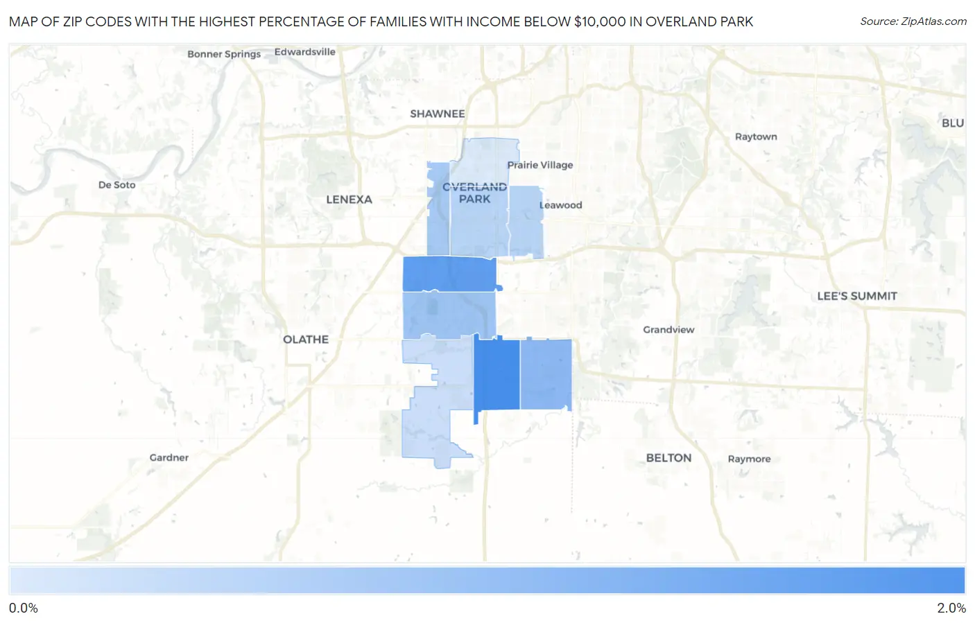 Zip Codes with the Highest Percentage of Families with Income Below $10,000 in Overland Park Map