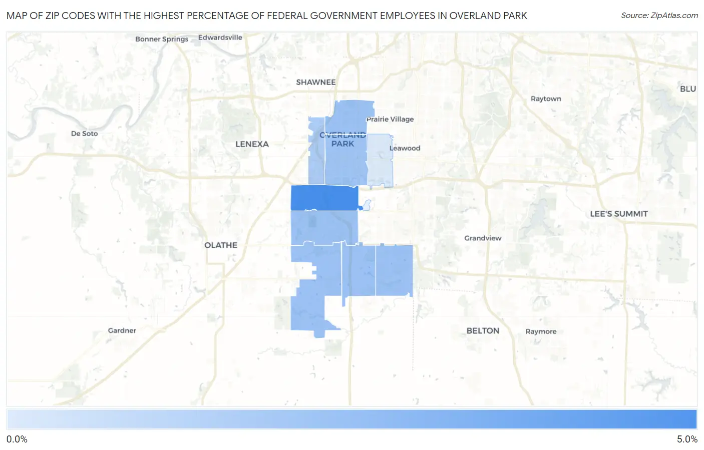 Zip Codes with the Highest Percentage of Federal Government Employees in Overland Park Map