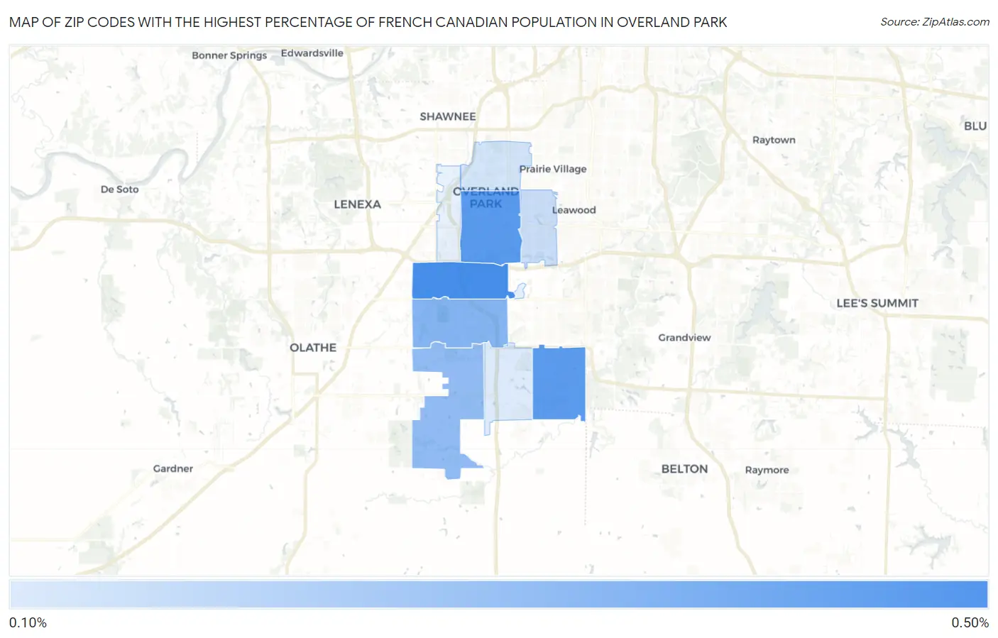 Zip Codes with the Highest Percentage of French Canadian Population in Overland Park Map