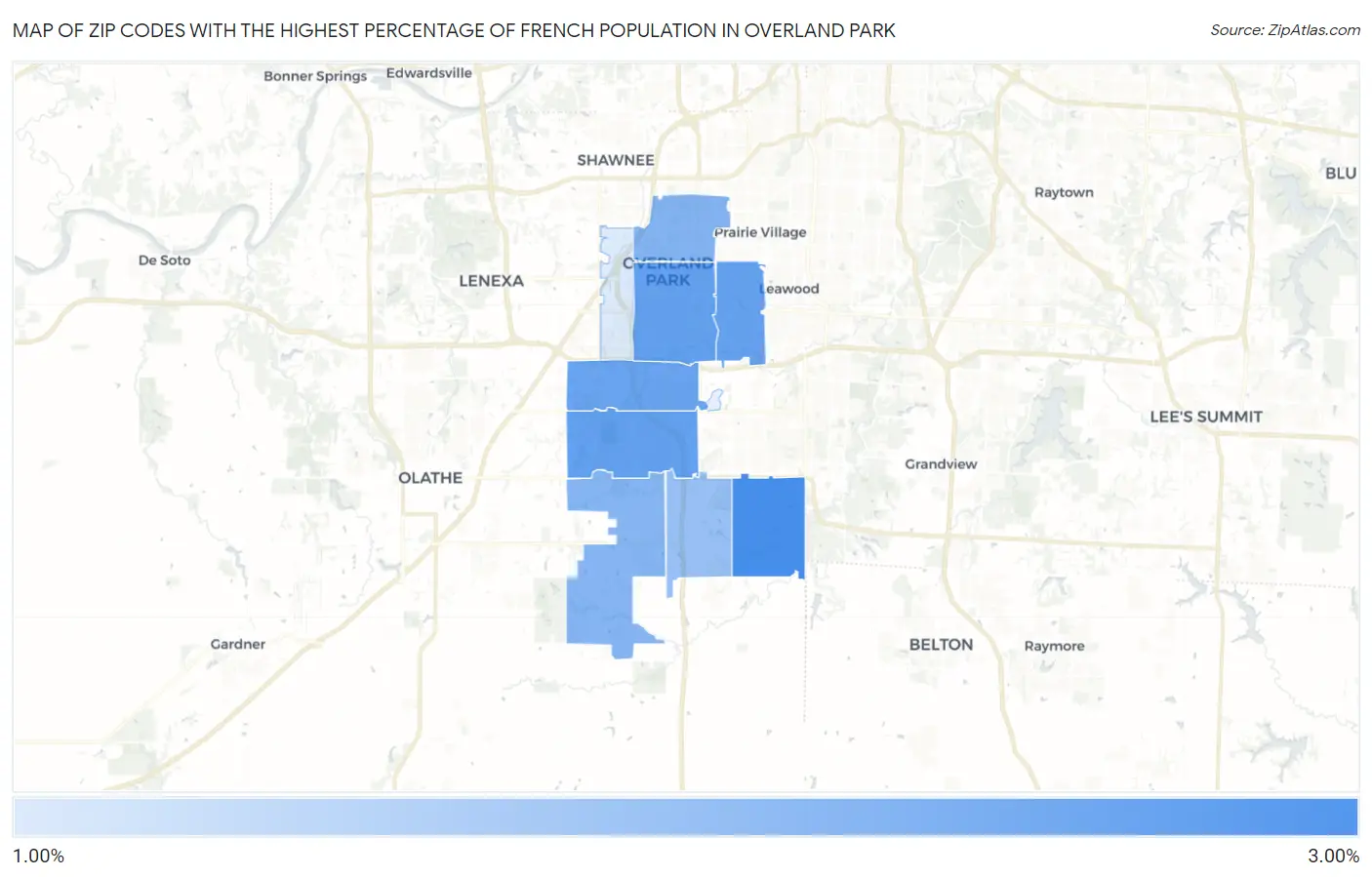 Zip Codes with the Highest Percentage of French Population in Overland Park Map