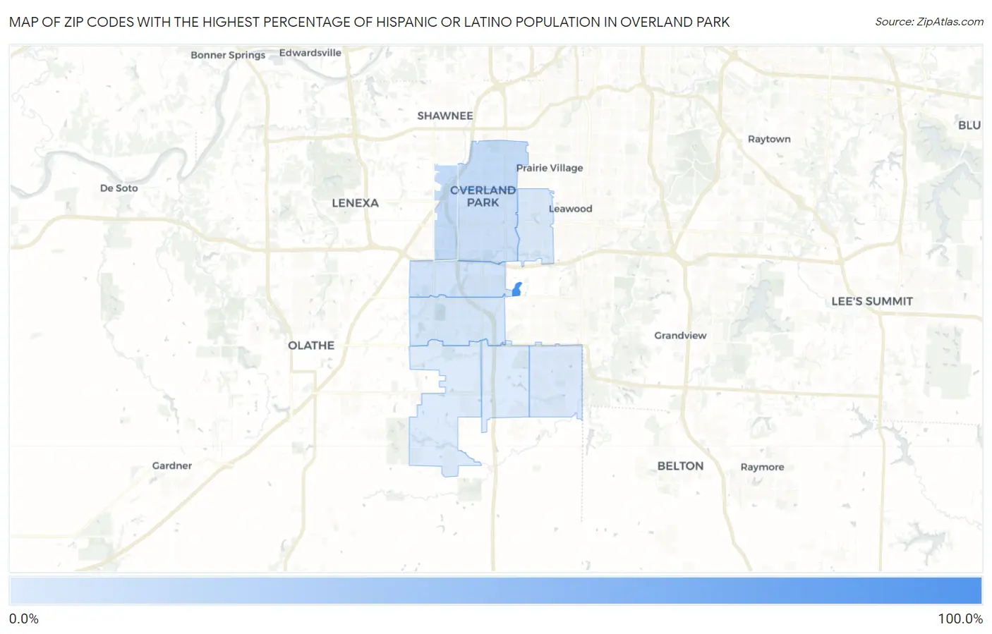 Zip Codes with the Highest Percentage of Hispanic or Latino Population in Overland Park Map