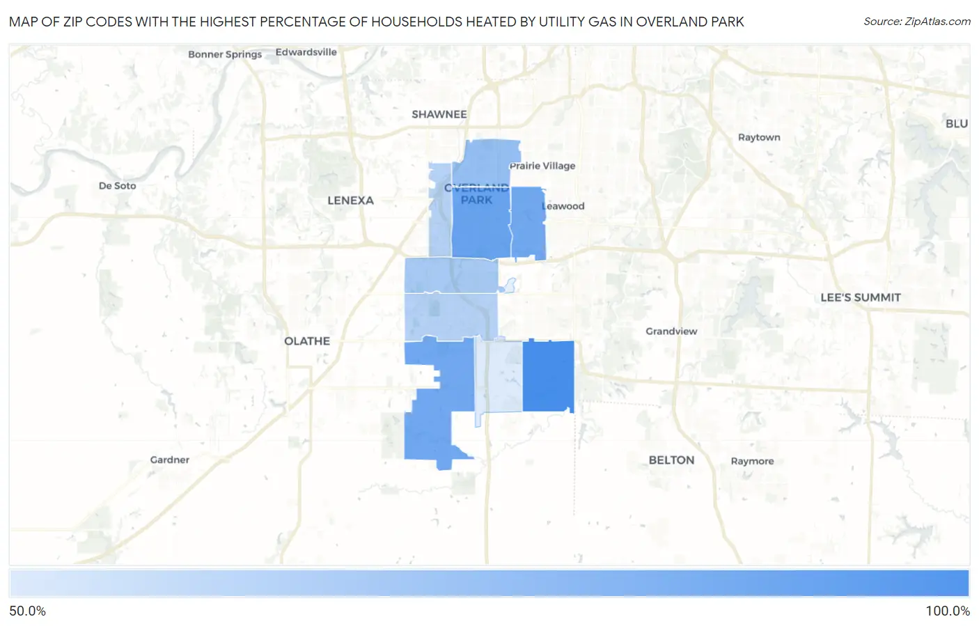 Zip Codes with the Highest Percentage of Households Heated by Utility Gas in Overland Park Map