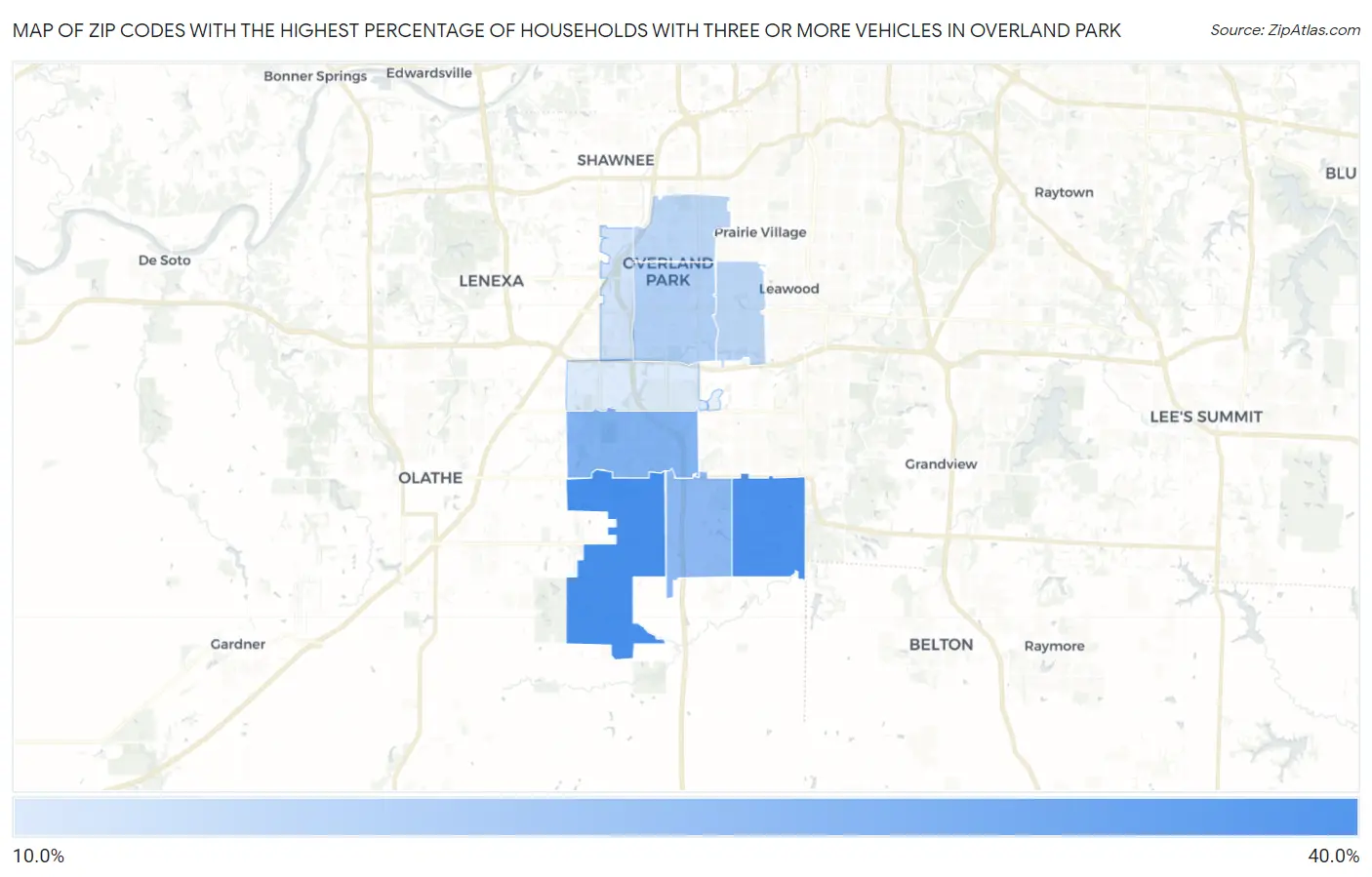 Zip Codes with the Highest Percentage of Households With Three or more Vehicles in Overland Park Map