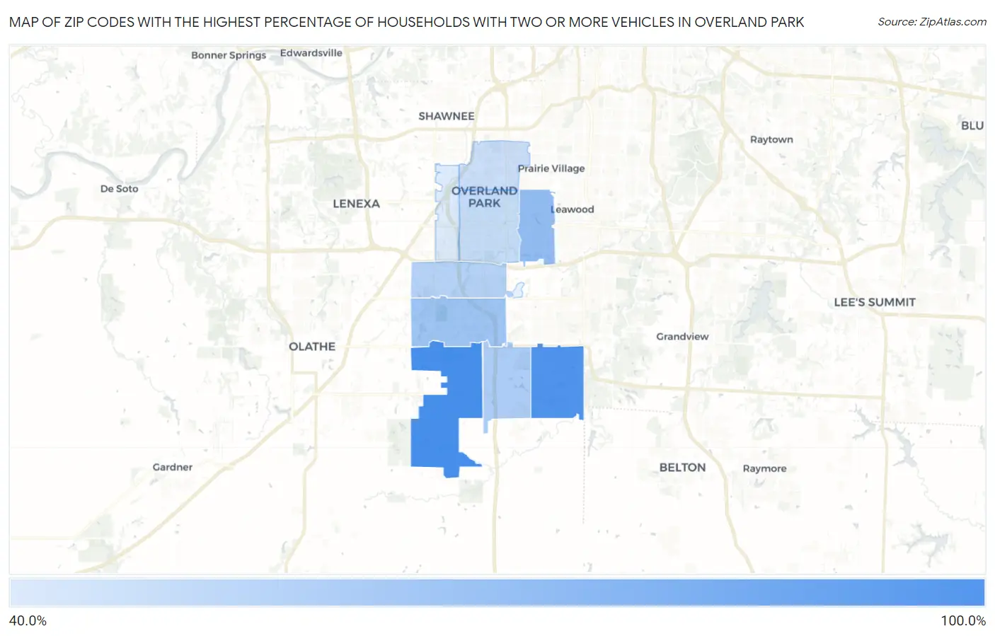 Zip Codes with the Highest Percentage of Households With Two or more Vehicles in Overland Park Map