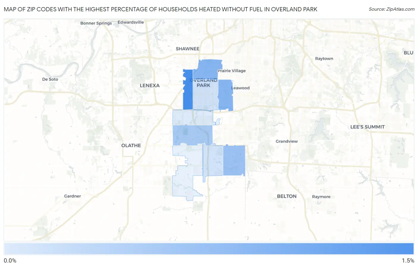 Zip Codes with the Highest Percentage of Households Heated without Fuel in Overland Park Map