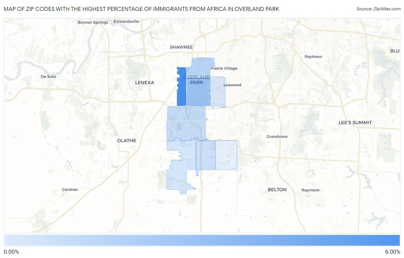 Zip Codes with the Highest Percentage of Immigrants from Africa in Overland Park Map