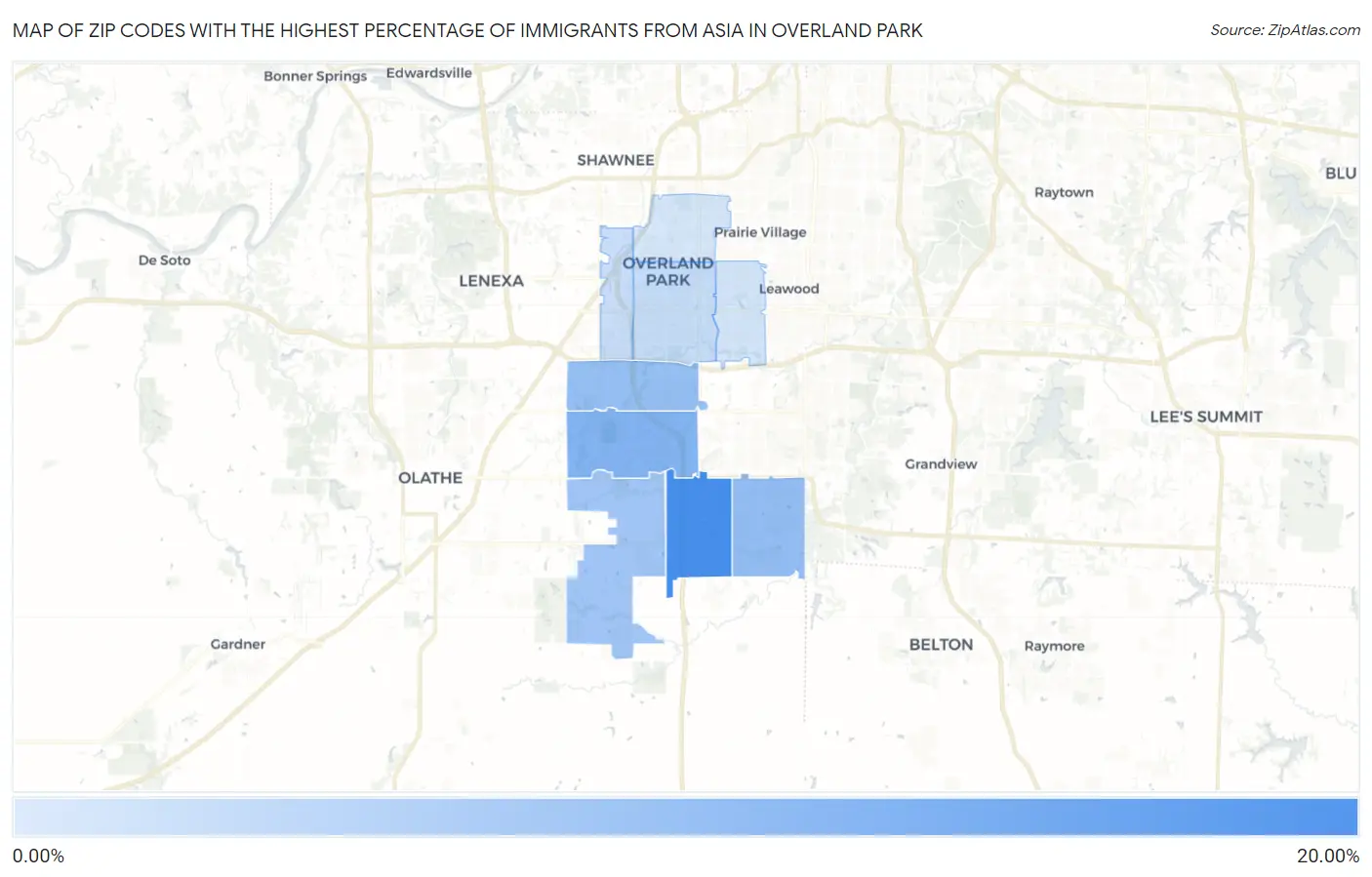 Zip Codes with the Highest Percentage of Immigrants from Asia in Overland Park Map