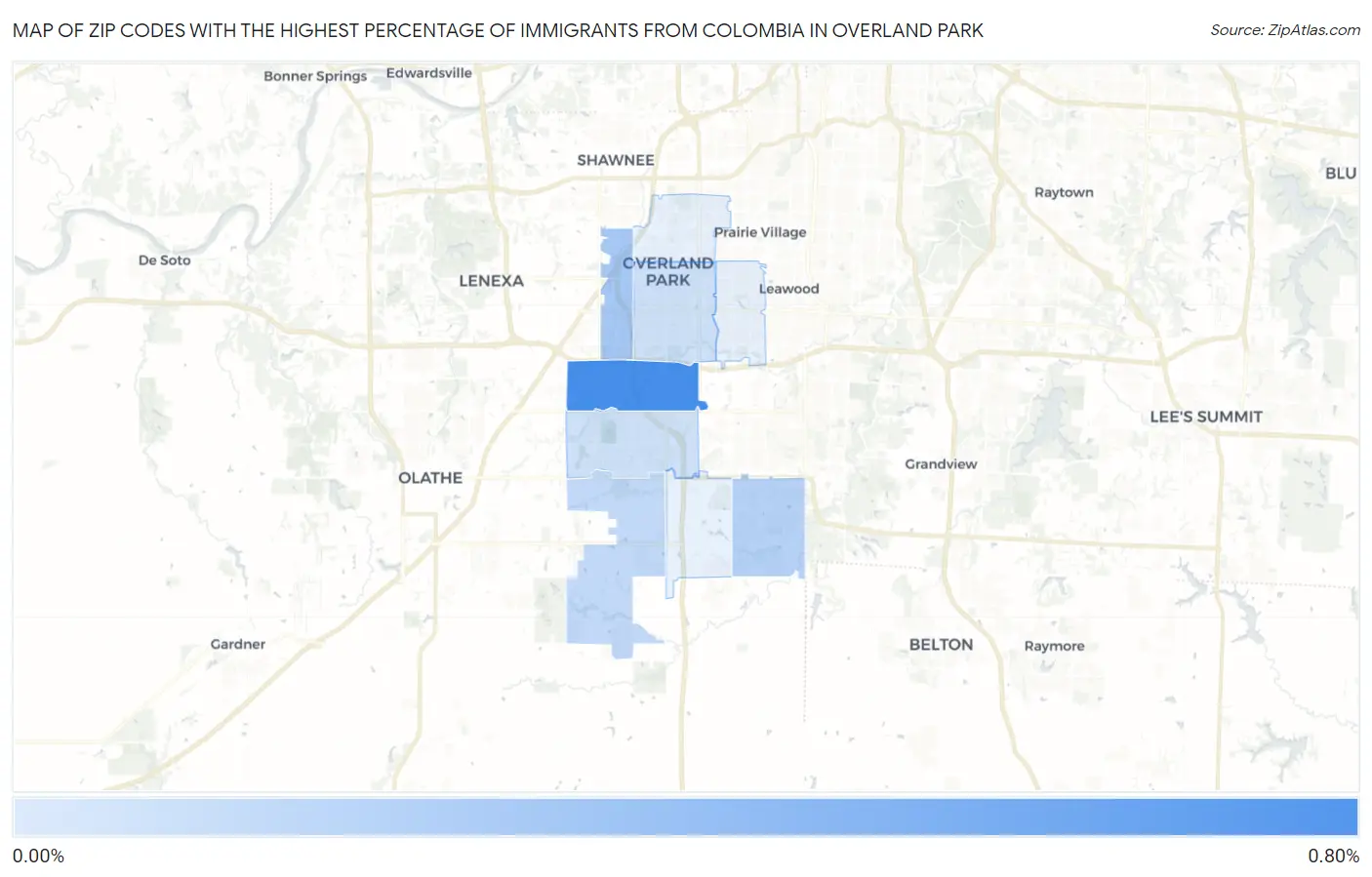 Zip Codes with the Highest Percentage of Immigrants from Colombia in Overland Park Map