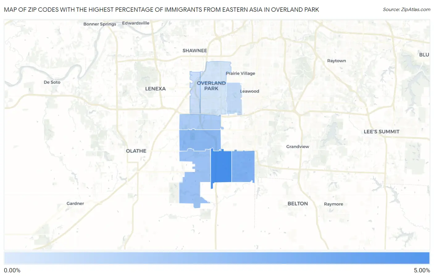 Zip Codes with the Highest Percentage of Immigrants from Eastern Asia in Overland Park Map