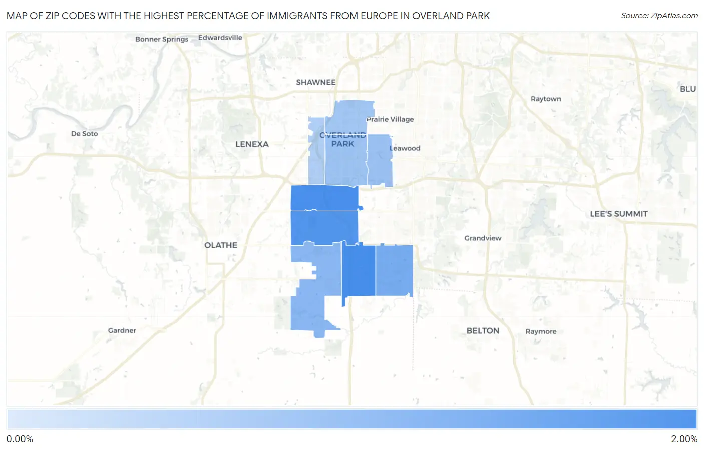 Zip Codes with the Highest Percentage of Immigrants from Europe in Overland Park Map