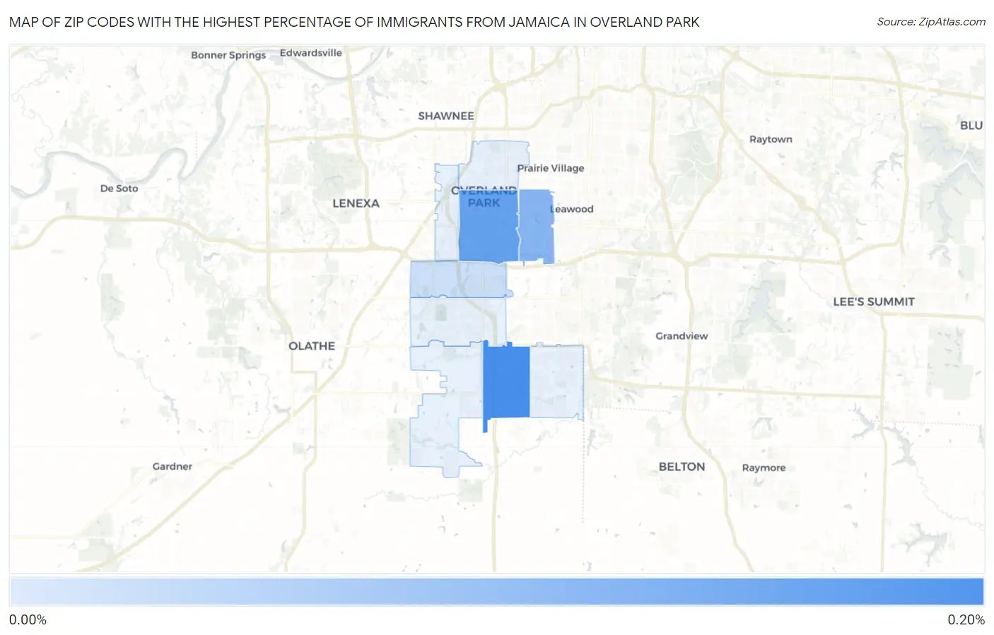 Zip Codes with the Highest Percentage of Immigrants from Jamaica in Overland Park Map
