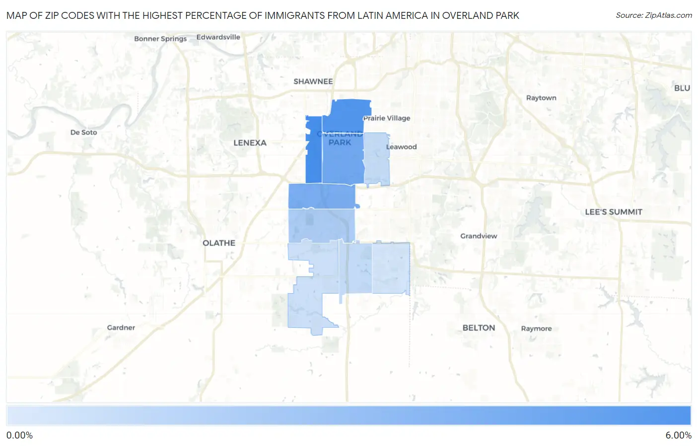 Zip Codes with the Highest Percentage of Immigrants from Latin America in Overland Park Map