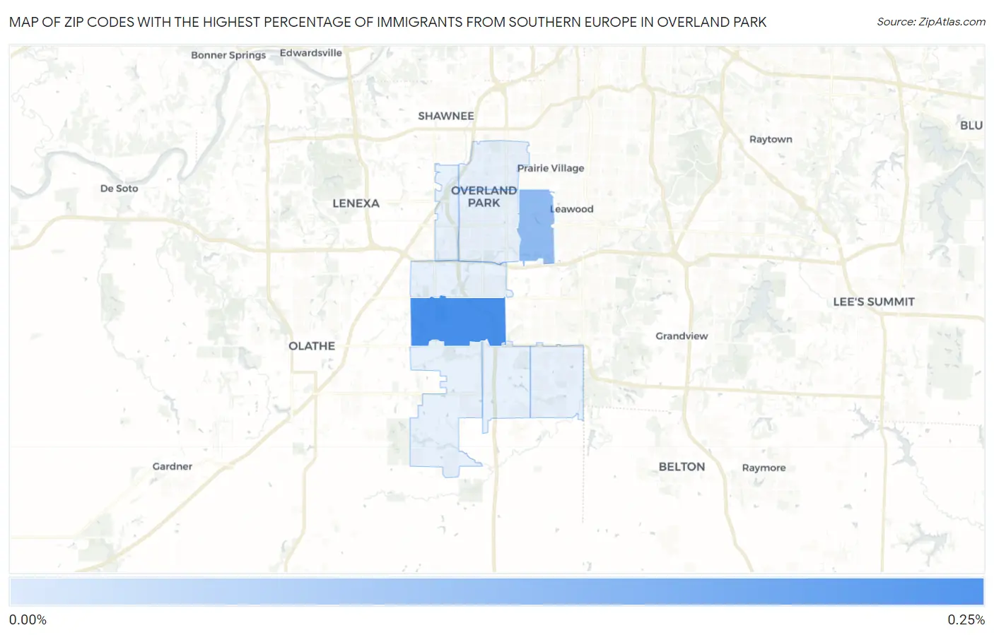 Zip Codes with the Highest Percentage of Immigrants from Southern Europe in Overland Park Map