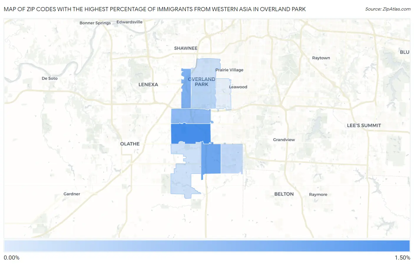 Zip Codes with the Highest Percentage of Immigrants from Western Asia in Overland Park Map