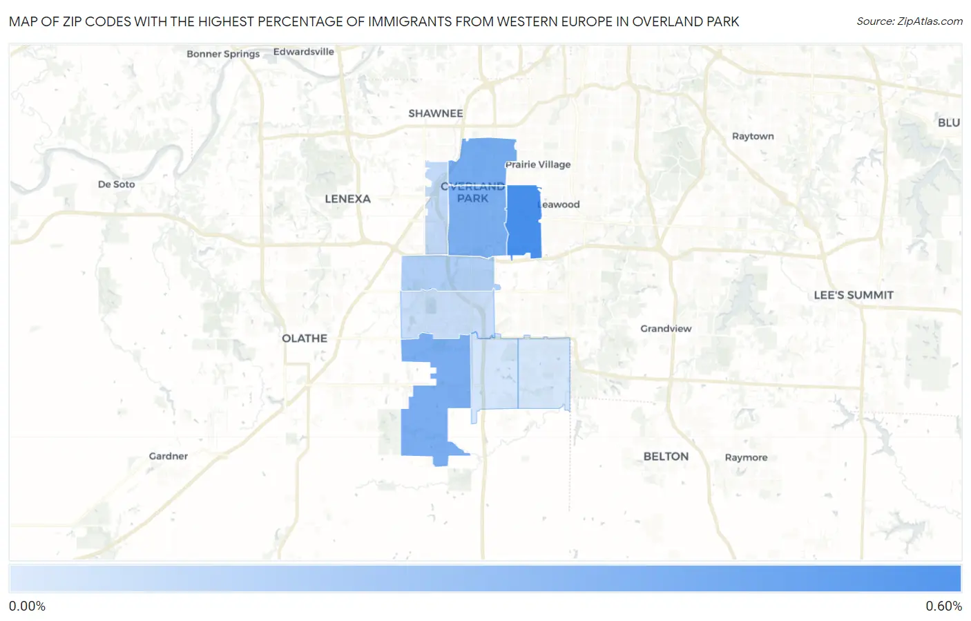 Zip Codes with the Highest Percentage of Immigrants from Western Europe in Overland Park Map