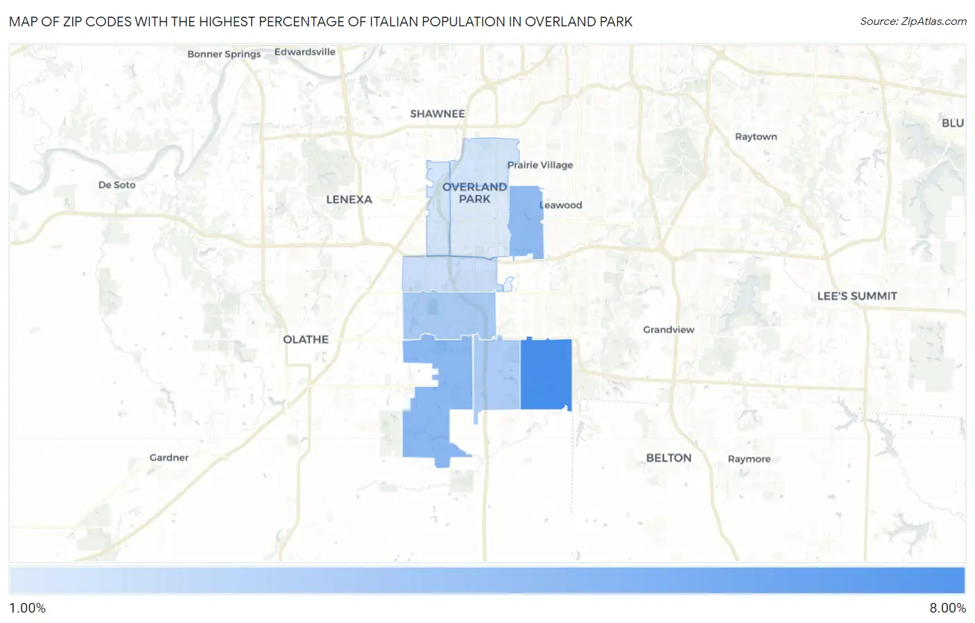 Zip Codes with the Highest Percentage of Italian Population in Overland Park Map