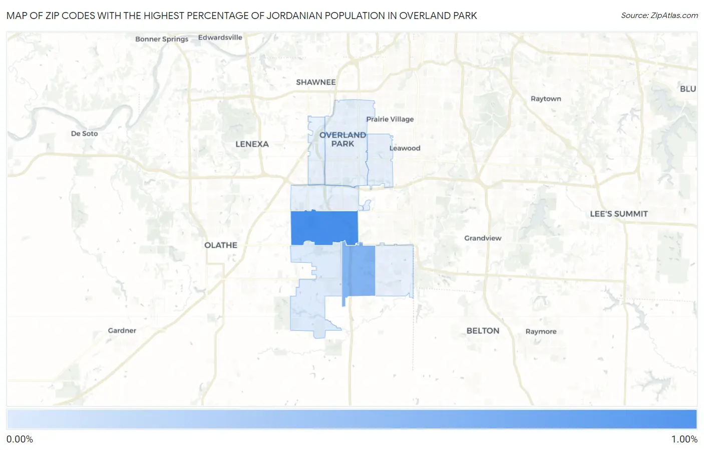 Zip Codes with the Highest Percentage of Jordanian Population in Overland Park Map