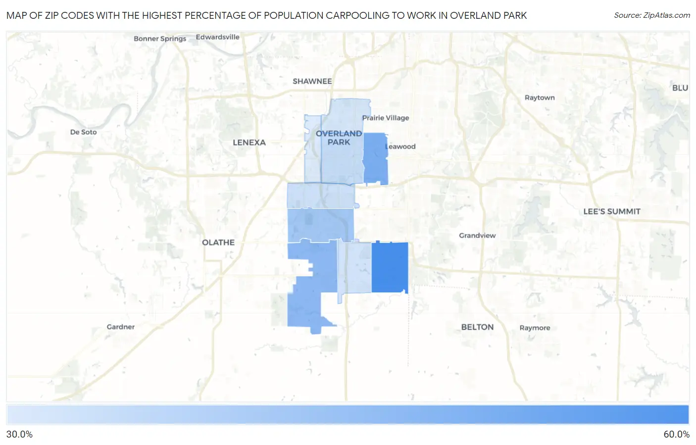 Zip Codes with the Highest Percentage of Population Carpooling to Work in Overland Park Map