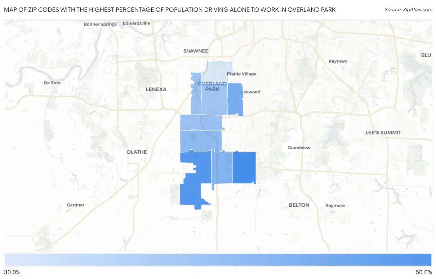 Zip Codes with the Highest Percentage of Population Driving Alone to Work in Overland Park Map