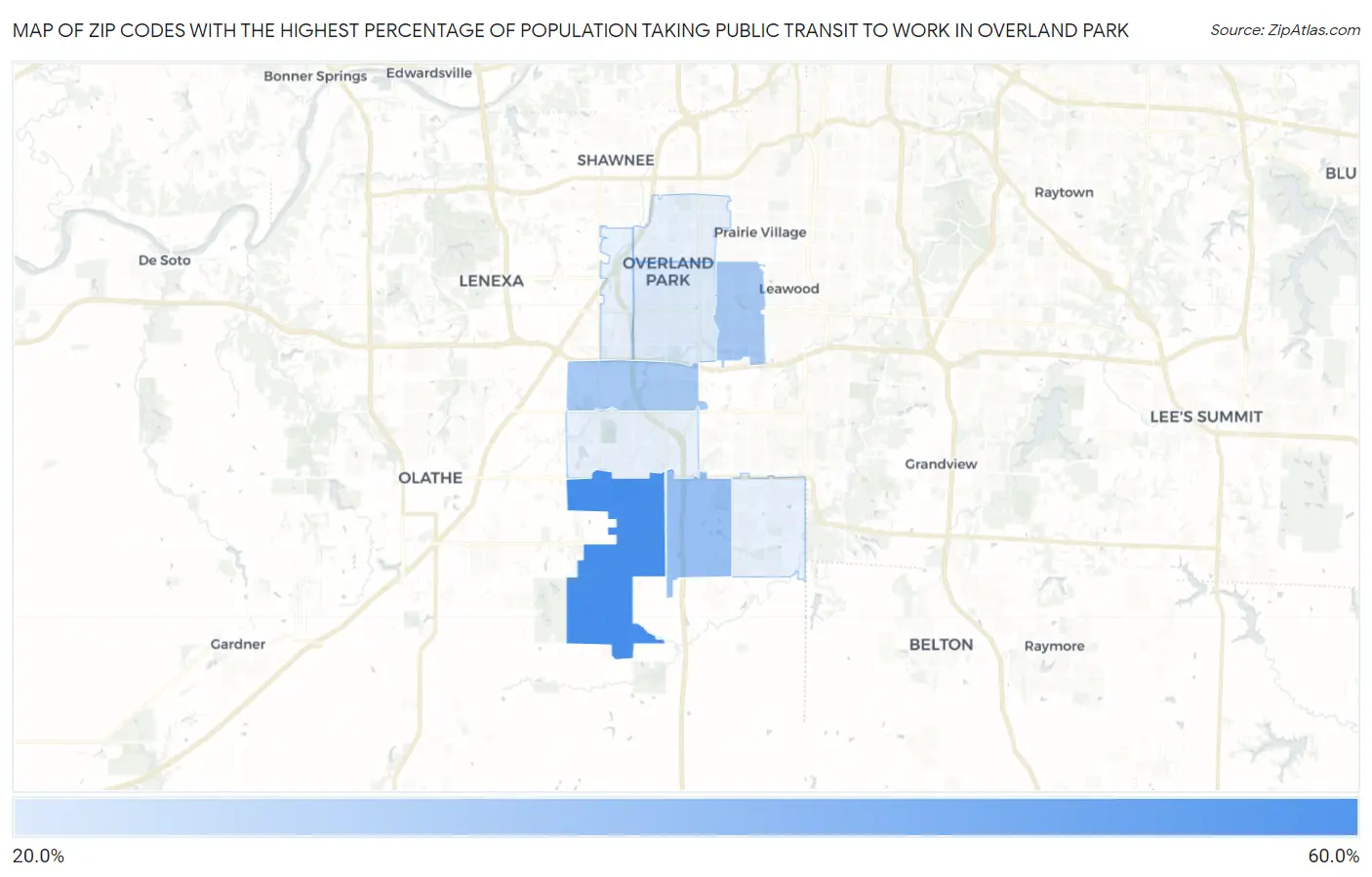 Zip Codes with the Highest Percentage of Population Taking Public Transit to Work in Overland Park Map