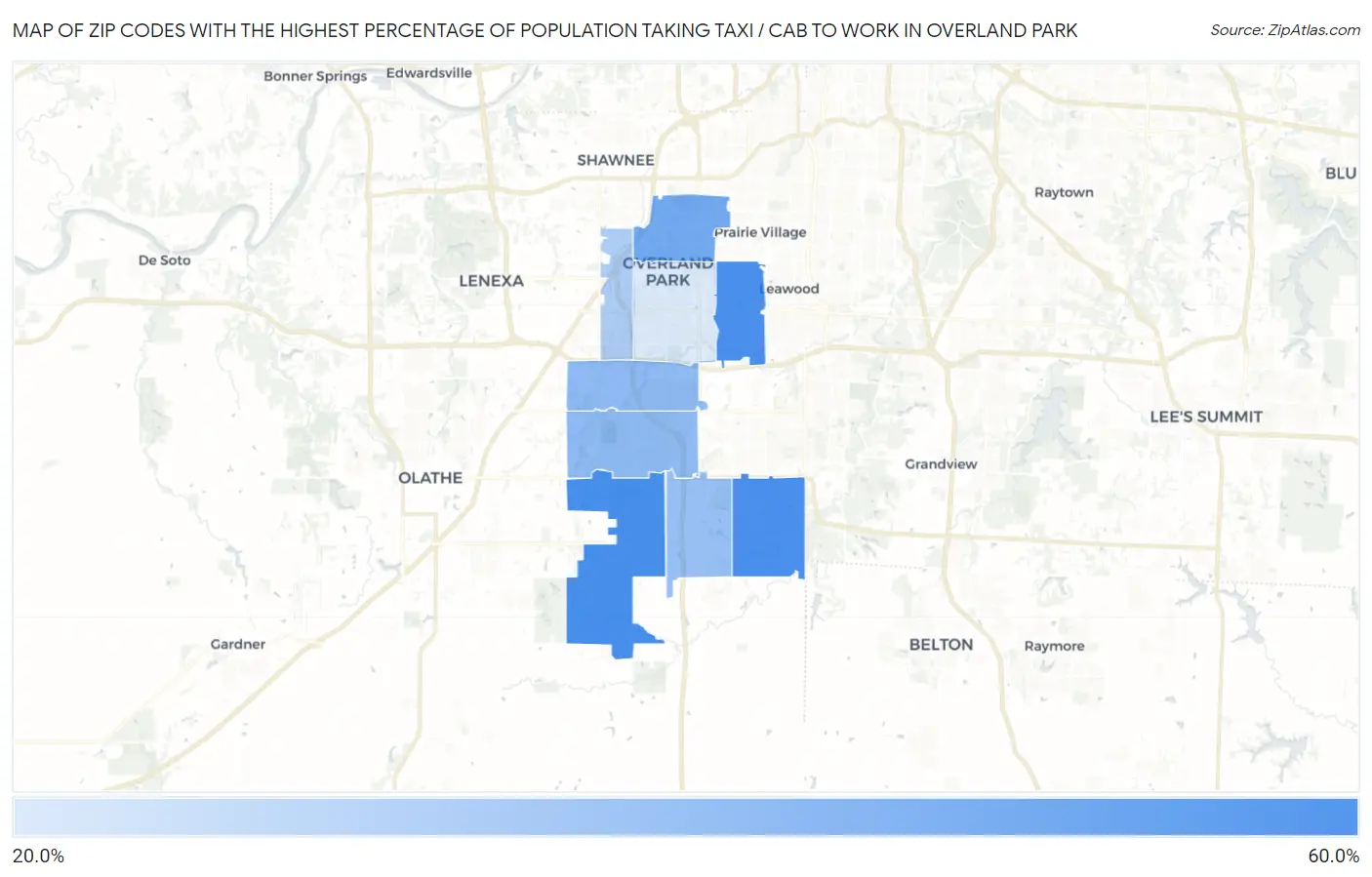 Zip Codes with the Highest Percentage of Population Taking Taxi / Cab to Work in Overland Park Map