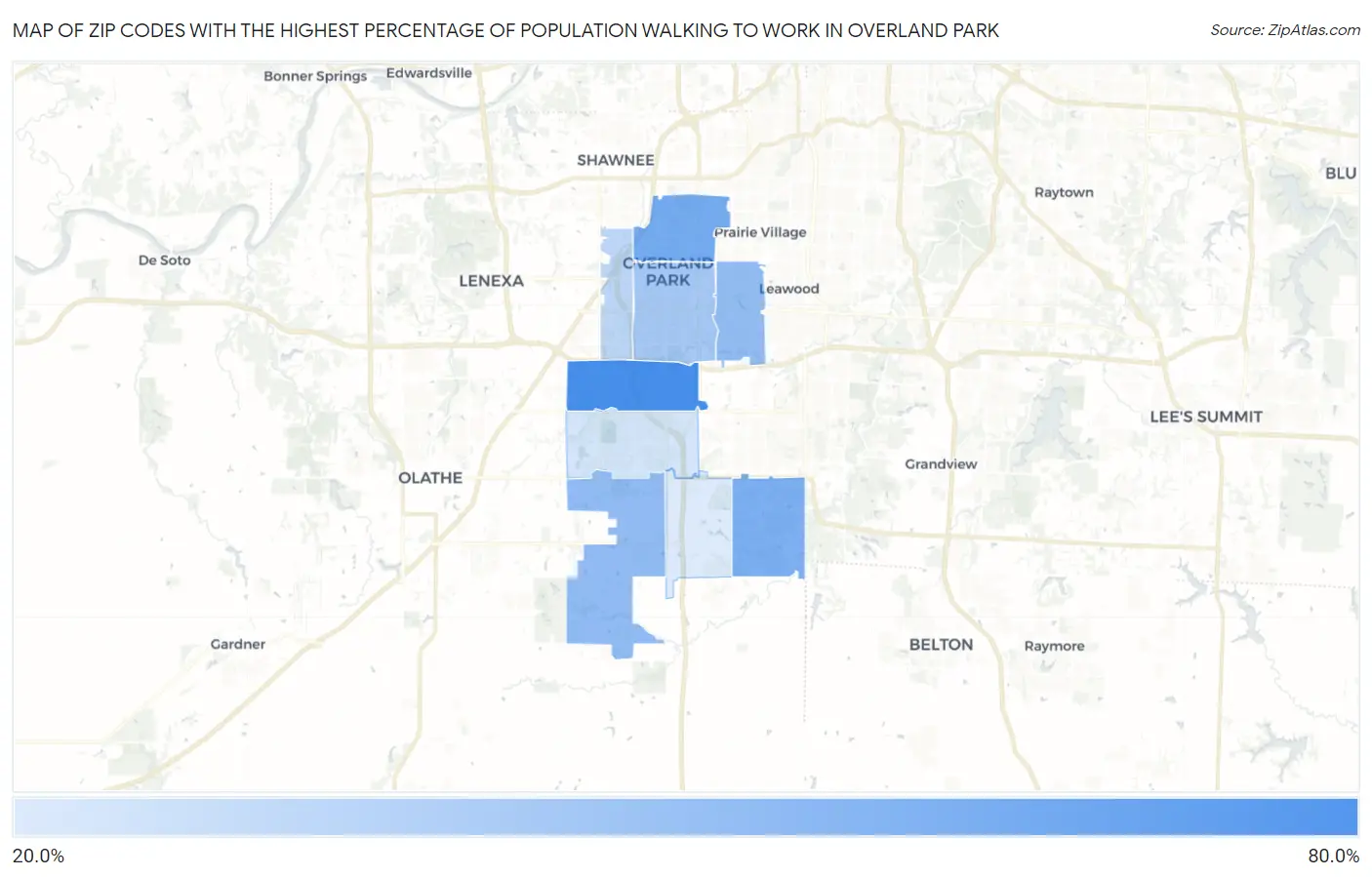 Zip Codes with the Highest Percentage of Population Walking to Work in Overland Park Map