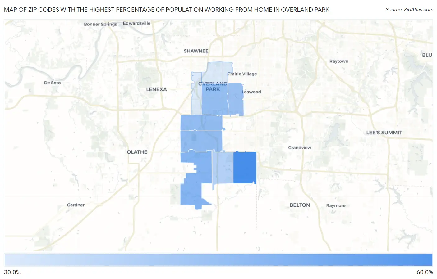 Zip Codes with the Highest Percentage of Population Working from Home in Overland Park Map