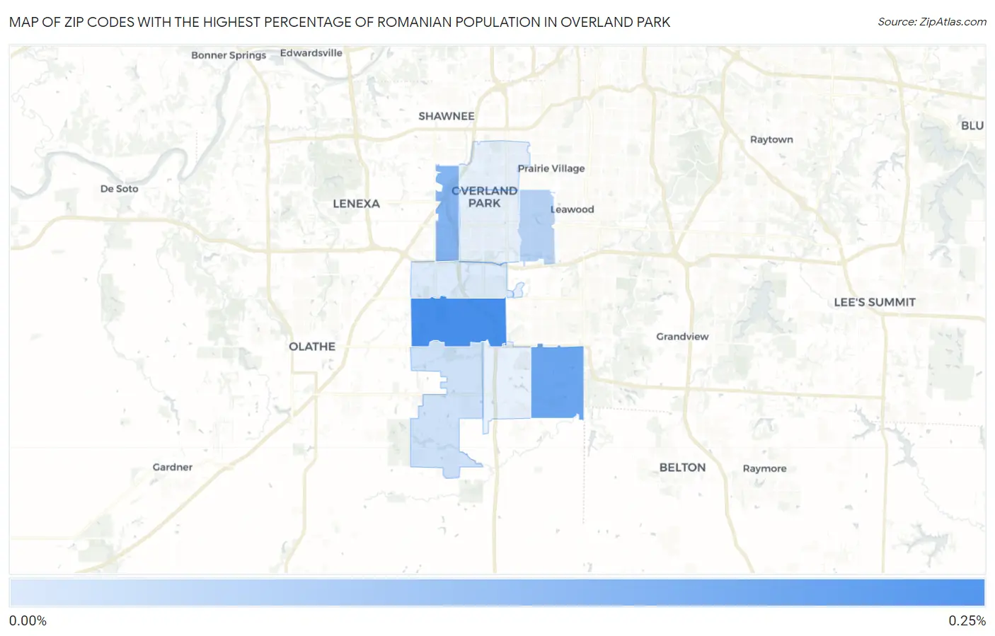 Zip Codes with the Highest Percentage of Romanian Population in Overland Park Map