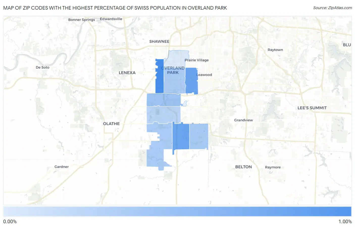 Zip Codes with the Highest Percentage of Swiss Population in Overland Park Map