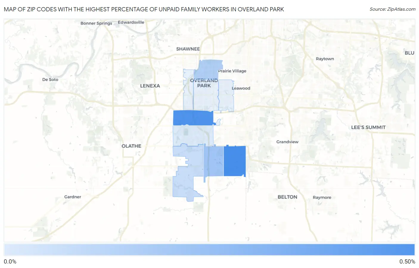 Zip Codes with the Highest Percentage of Unpaid Family Workers in Overland Park Map