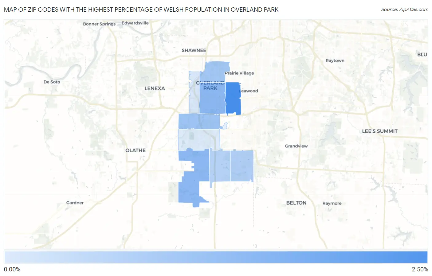 Zip Codes with the Highest Percentage of Welsh Population in Overland Park Map