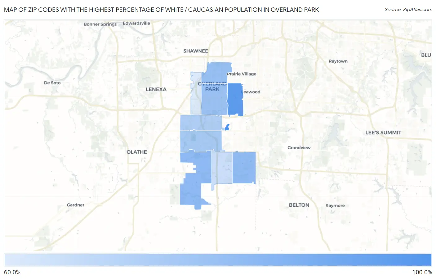 Zip Codes with the Highest Percentage of White / Caucasian Population in Overland Park Map