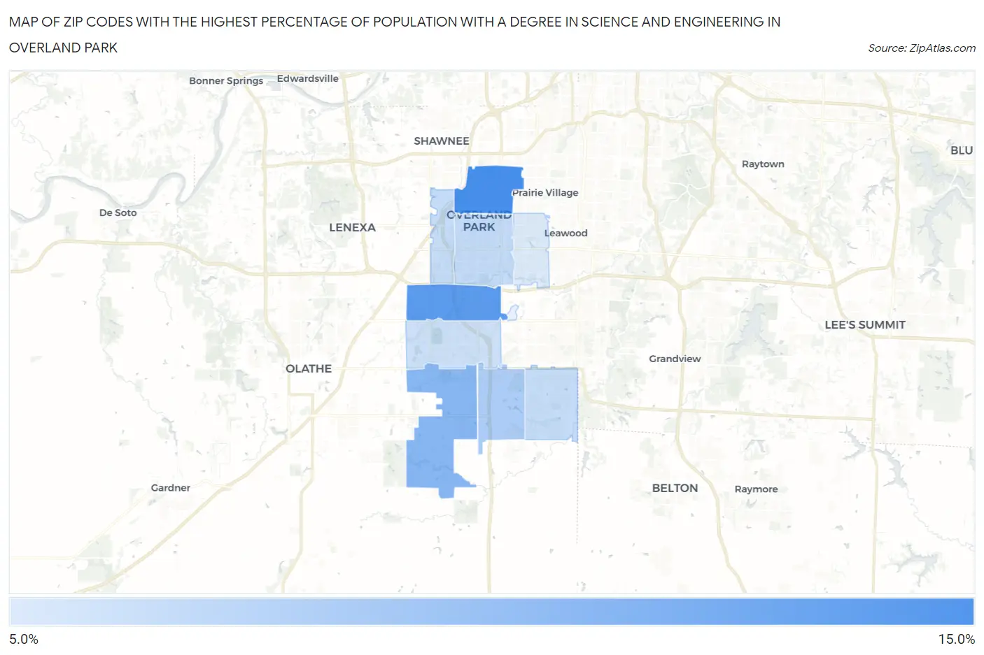 Zip Codes with the Highest Percentage of Population with a Degree in Science and Engineering in Overland Park Map