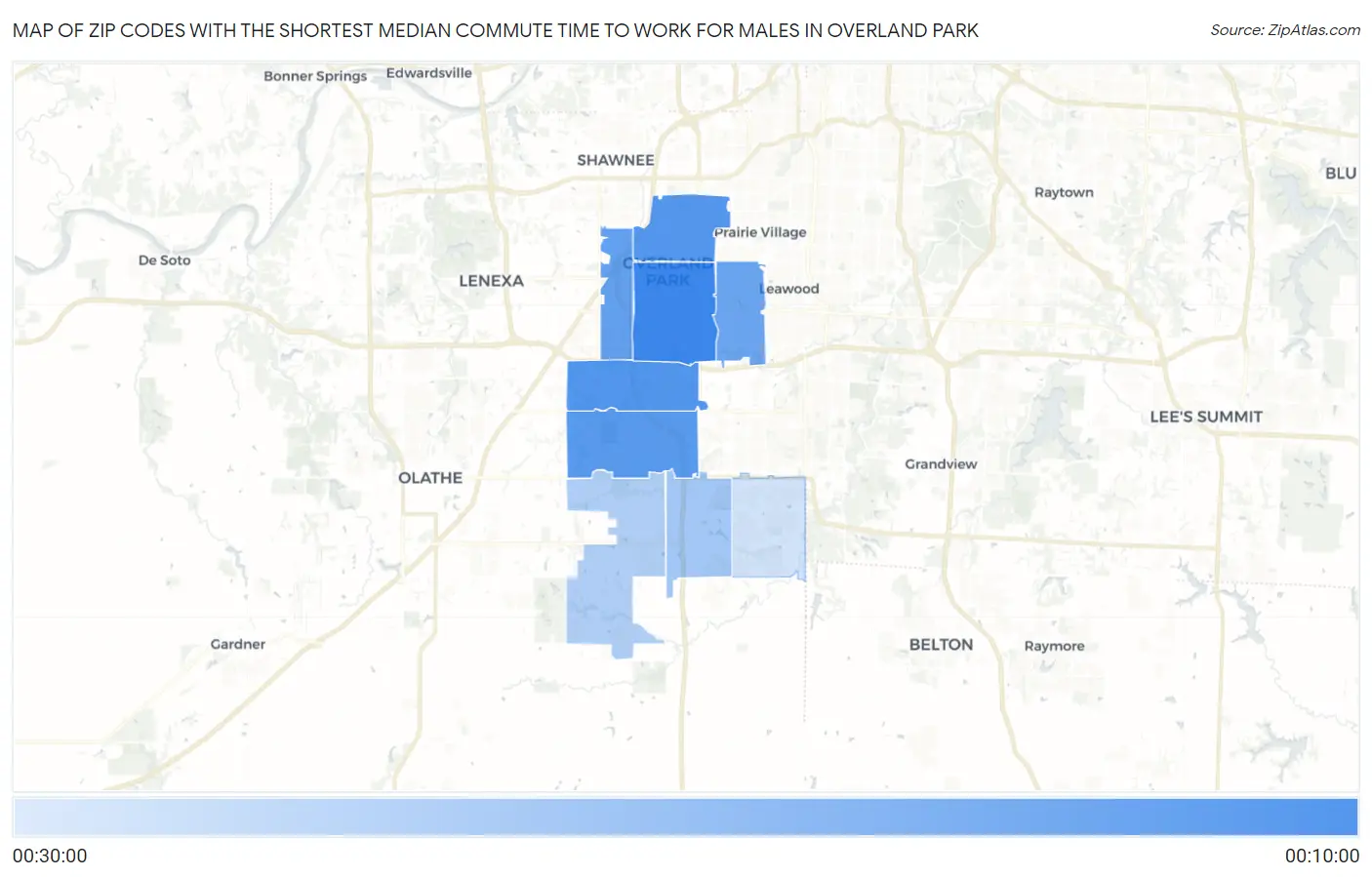Zip Codes with the Shortest Median Commute Time to Work for Males in Overland Park Map