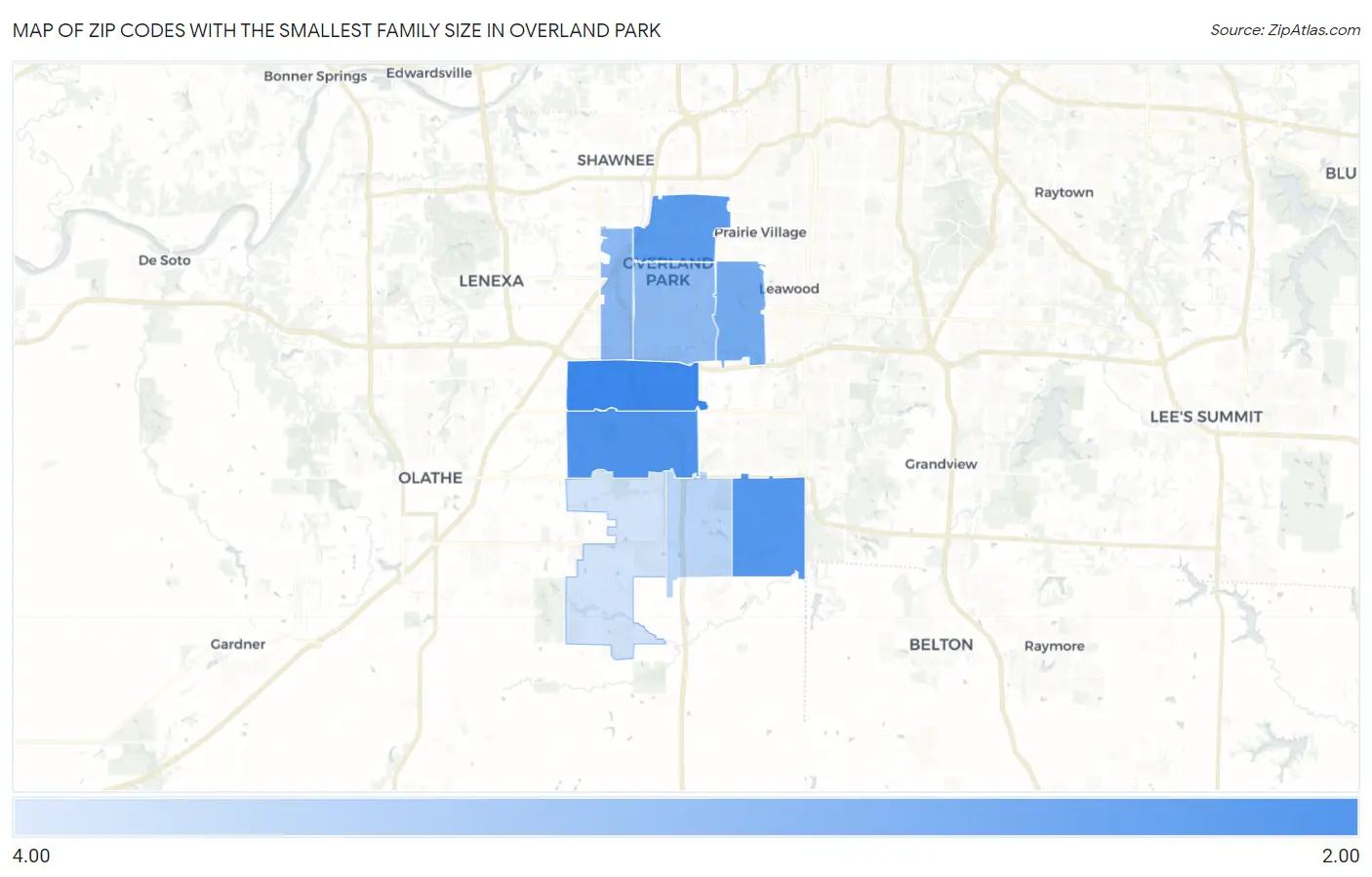 Zip Codes with the Smallest Family Size in Overland Park Map